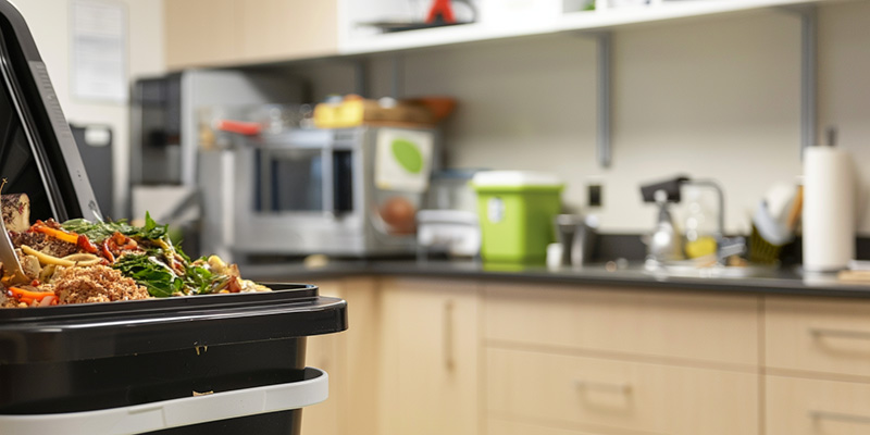 Compost bins in staff kitchens help reduce kitchen waste and greenhouse gases