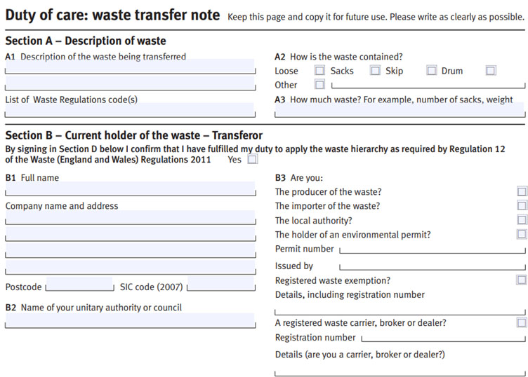 Example of a waste transfer note