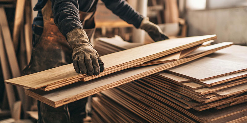 A person disposing of wood offcuts in a factory environment