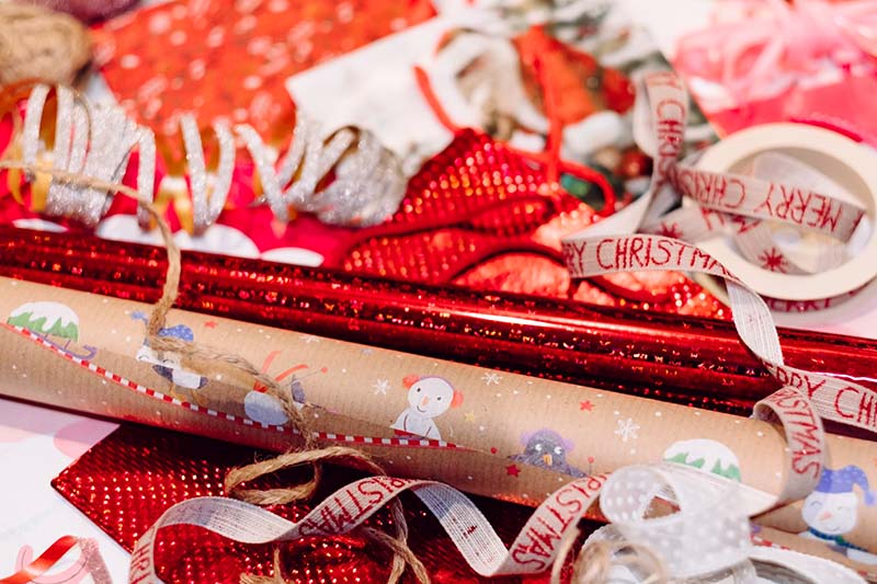 Recycled wrapping paper and ribbons