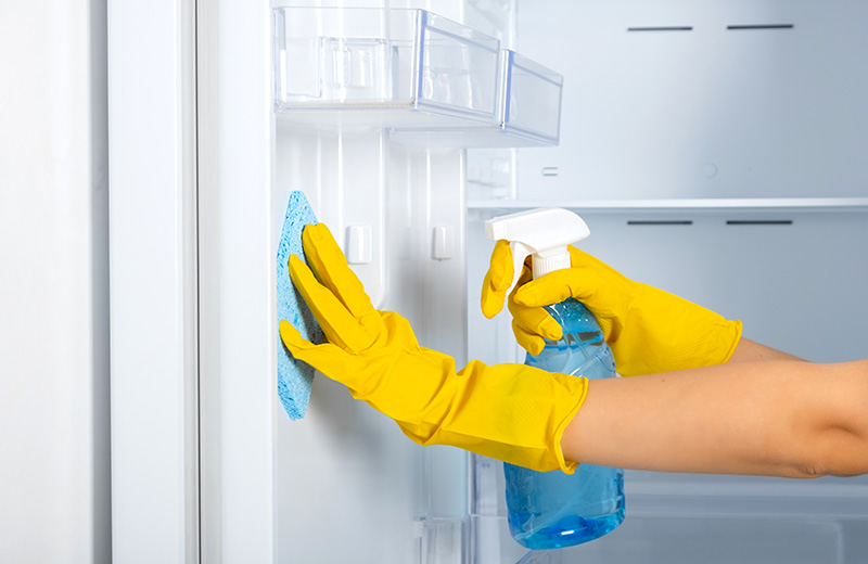 Person cleaning the inside of a fridge with gloves, spray and sponge