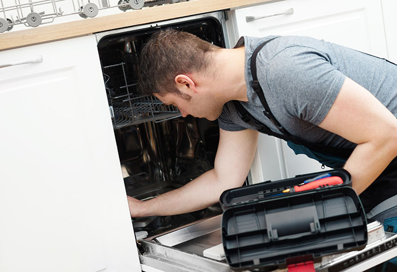 Dishwasher being serviced by tradesperson